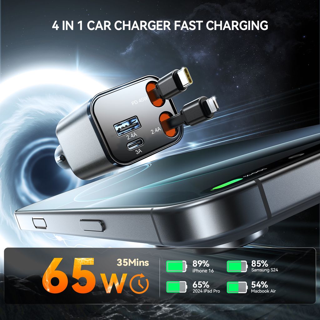 Joyroom 4-in-1 Car Charger 30W with Retractable USB-C/Lightning Cables