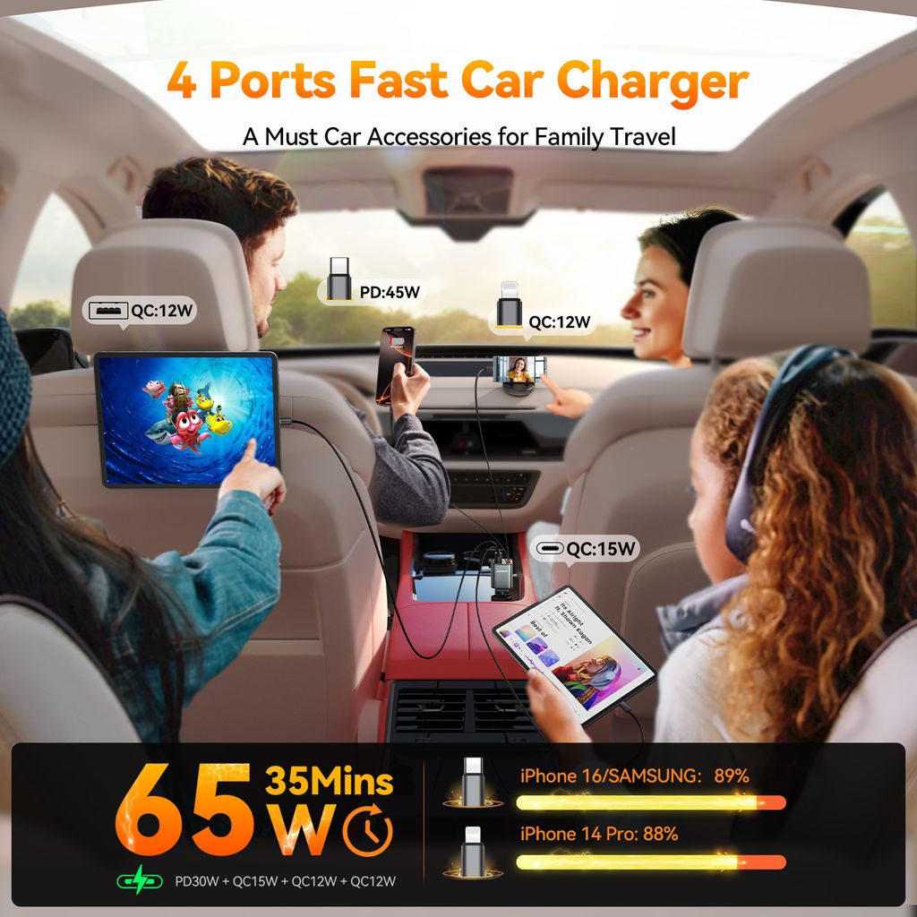 Joyroom 4-in-1 Car Charger 30W with Retractable USB-C/Lightning Cables