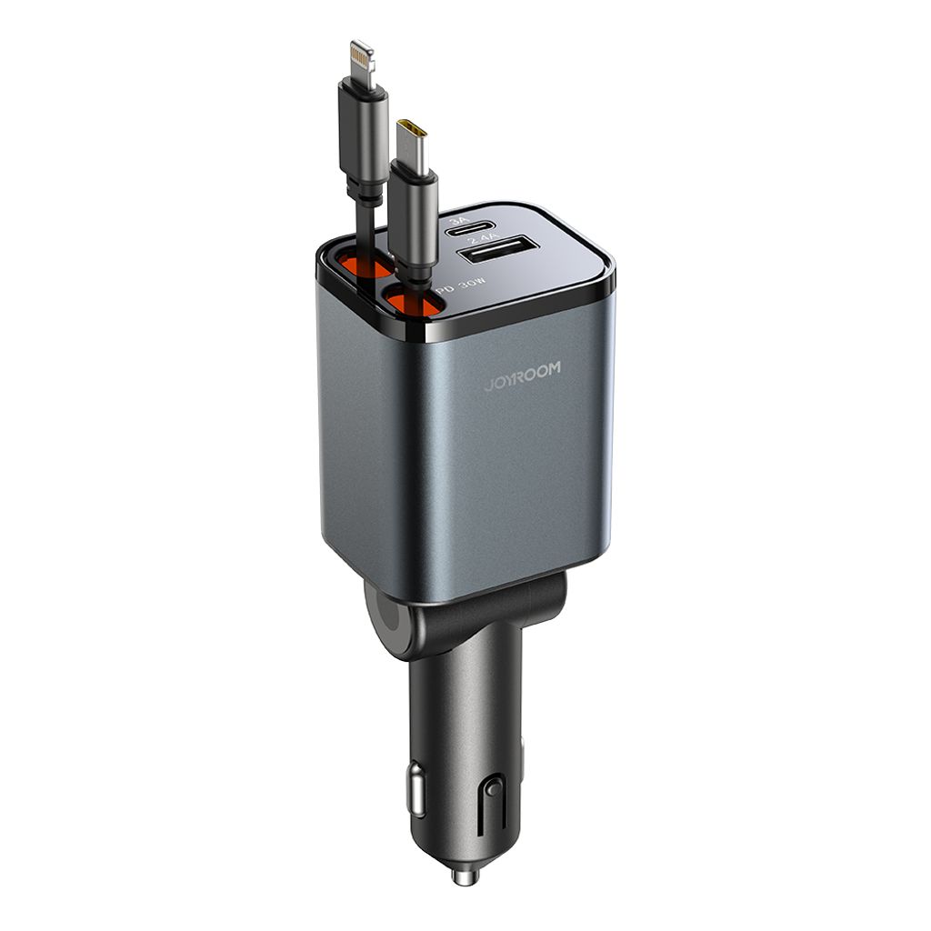 Joyroom 4-in-1 Car Charger 30W with Retractable USB-C/Lightning Cables