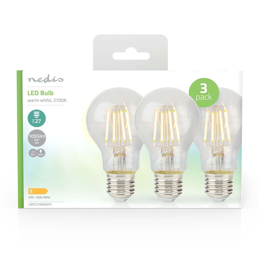 Nedis LED-lampa A60, E27, 8W, 3-pack - Transparent