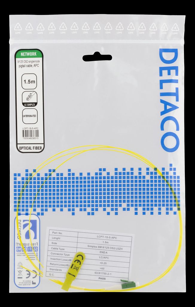 OS2 fiber pigtail LC APC 1,5m gul 9/125 simplex