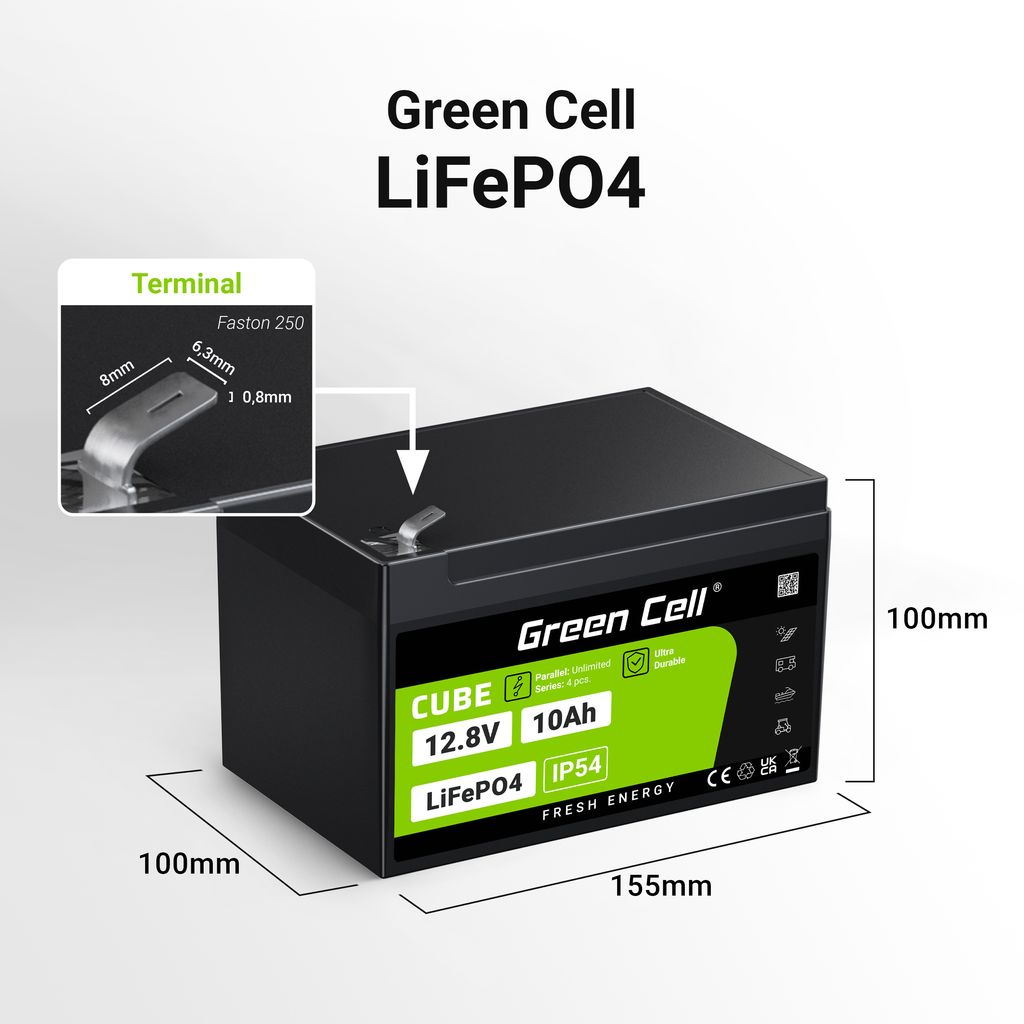 Green Cell CUBE LiFePO4 10Ah 12,8V 128Wh litium-jern-fosfat-batteri