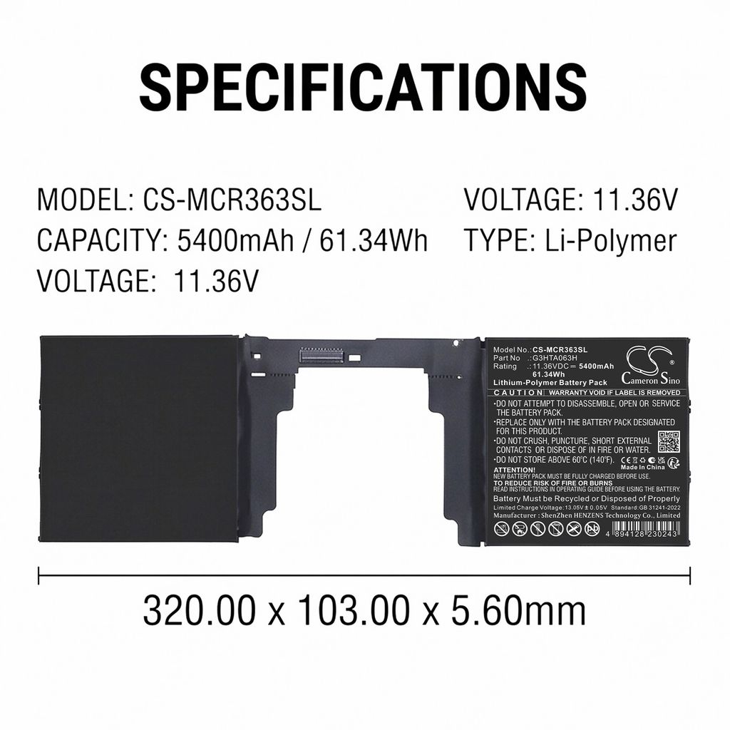 G3HTA062H för Microsoft, 11.36V, 5400mAh