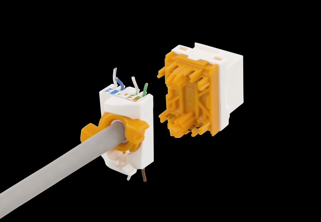 Cat6A Keystone jack toolless plast – vit/orange