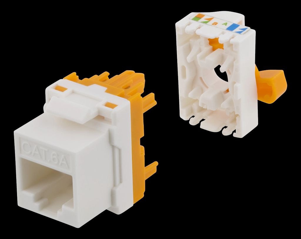 Cat6A Keystone jack toolless plast – vit/orange