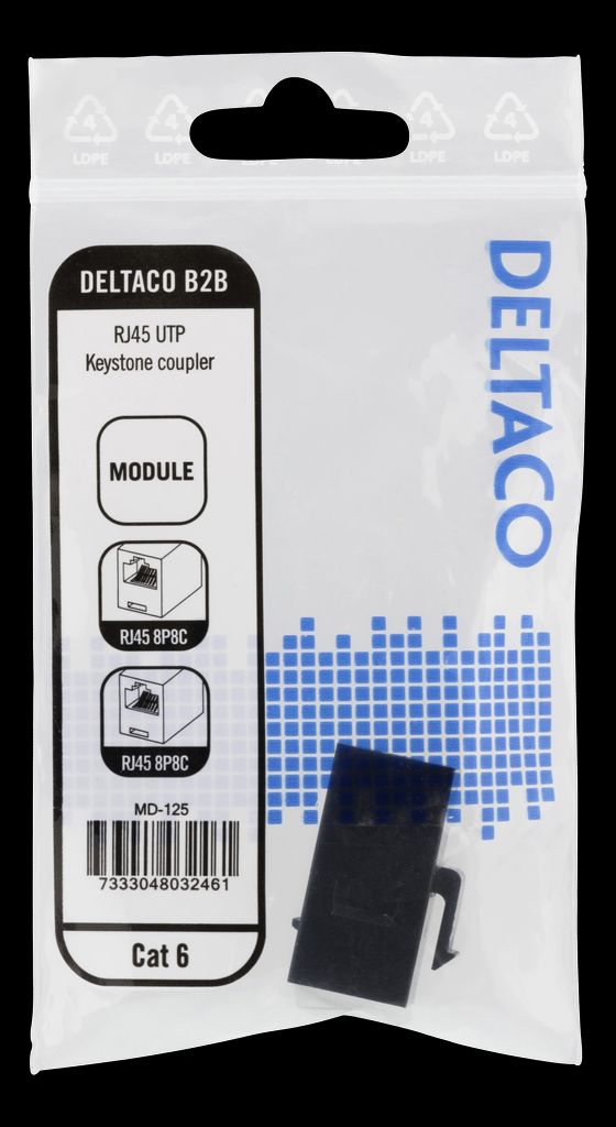 Cat6 keystone-koppling svart, 2xRJ45, oavskärmad, 180 grader