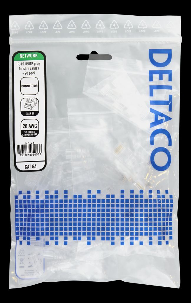 Deltaco RJ45-kontakt slim patchkabel Cat6a 28AWG UTP – 20 st