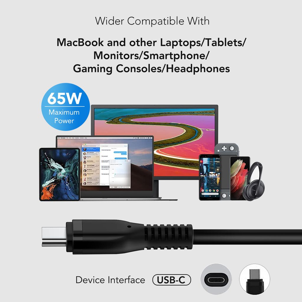 Kraftfull 65W USB-C-laddare –  snabbladdning för Dell XPS, Latitude, Chromebook