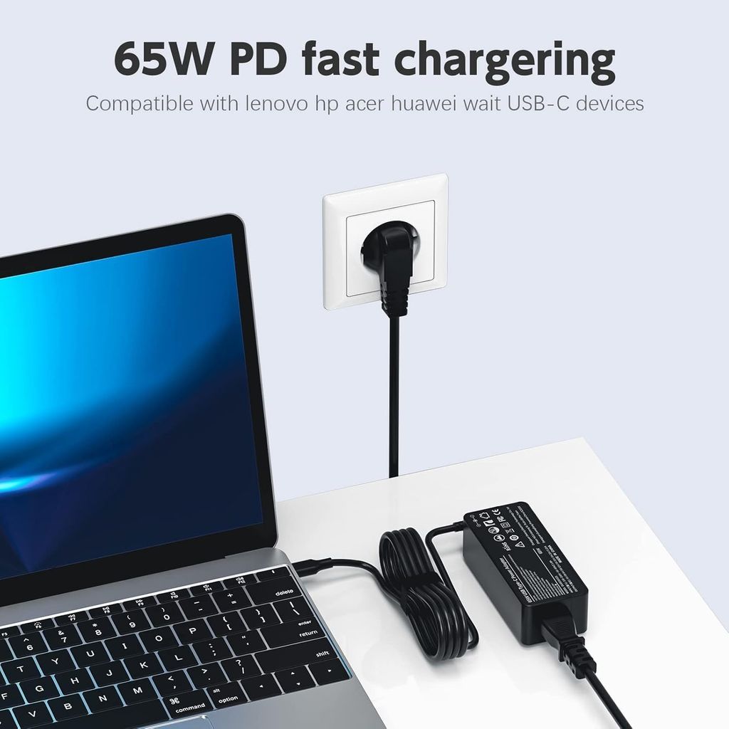 Kraftfull 65W USB-C-laddare –  snabbladdning för Dell XPS, Latitude, Chromebook