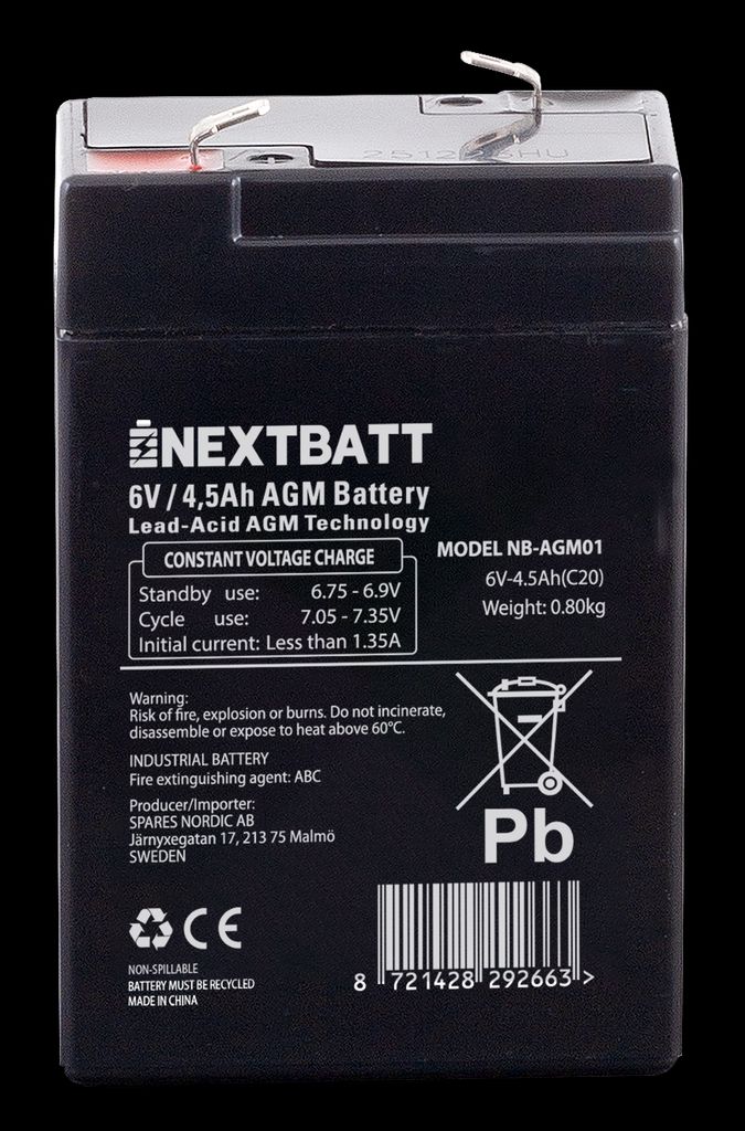 NEXTBATT AGM-akku 6V 4,5Ah – 70x47x100 mm