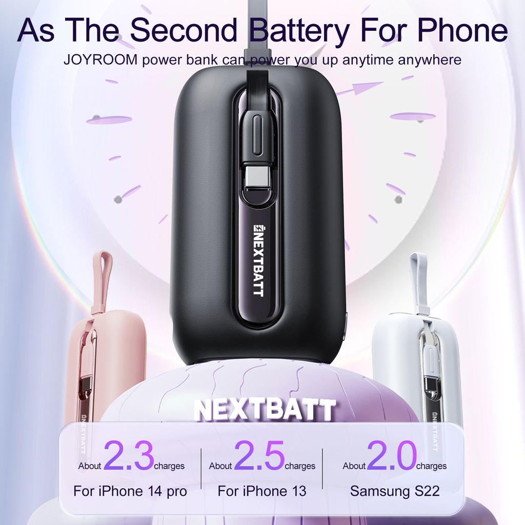 Tehokas minivaravirtalähde sisäänrakennetuilla kaapeleilla 10000mAh – 22.5W musta