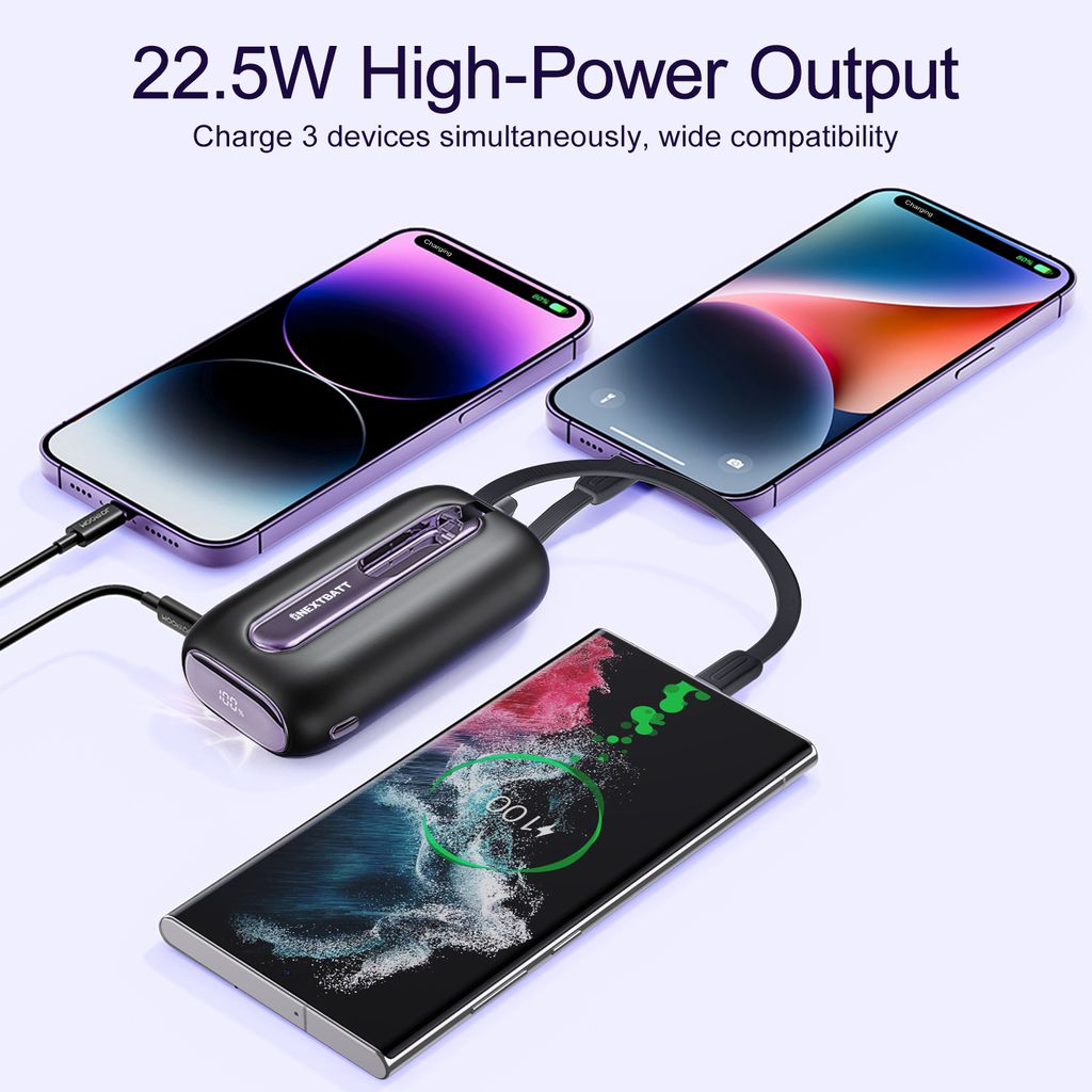 Tehokas minivaravirtalähde sisäänrakennetuilla kaapeleilla 10000mAh – 22.5W musta