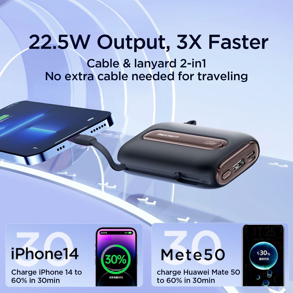 Tehokas minivaravirtalähde sisäänrakennetuilla kaapeleilla 20000mAh – 22.5W musta