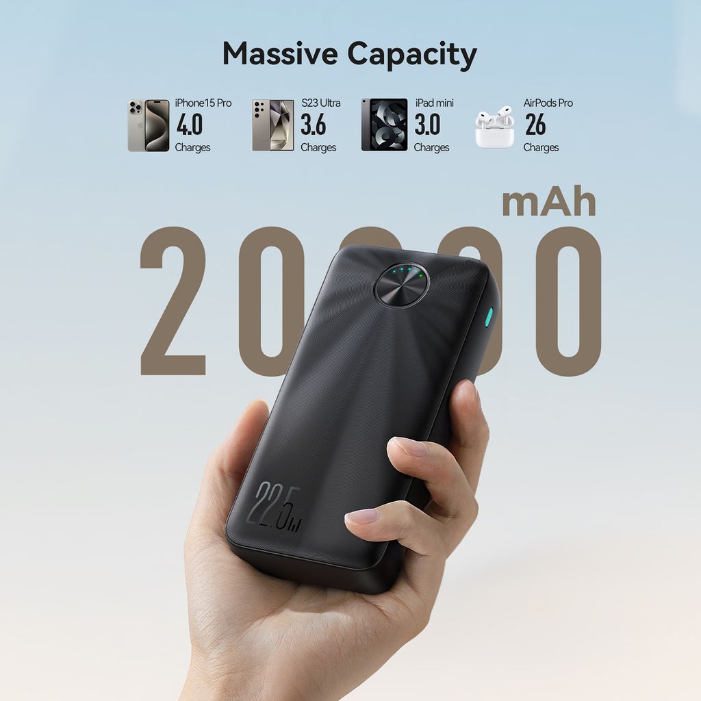 Tehokas Varavirtalähde 20000mAh 22.5W LED - Musta