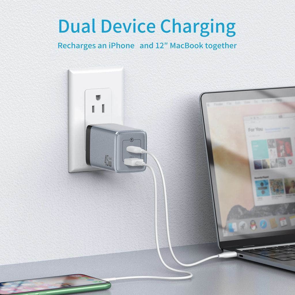 Hurtigoplader til Samsung Galaxy S25/S24/23, PD 45W med USB-C-kabel - Sort/Grå
