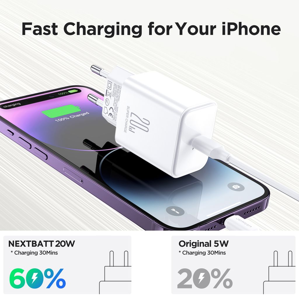 Snabbladdare till iPhone 15/16/17 USB-C Strömadapter 20W + Kabel 1m, 3A