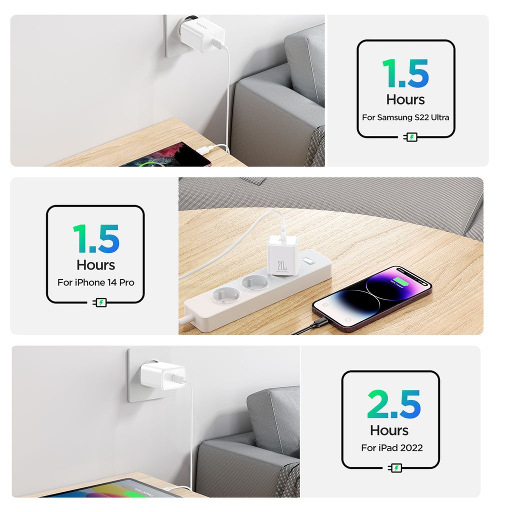 Snabbladdare till iPhone 15/16/17 USB-C Strömadapter 20W + Kabel 1m, 3A