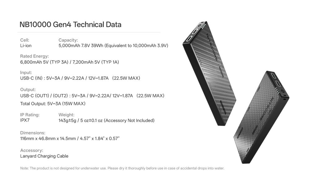 Nitecore NB10000 Gen4 Powerbank 10000mAh, 3A med 2 USB-C-porter