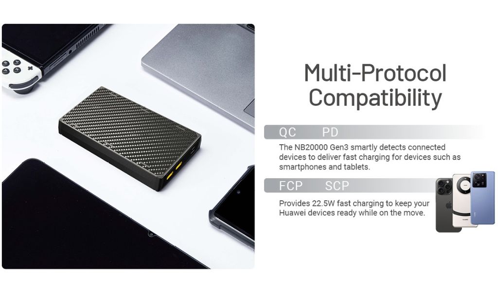 Nitecore NB20000 Gen3 Powerbank 20000mAh, 3A – 2 USB-C-porttia sekä 1 USB-C–USB-A-sovitin