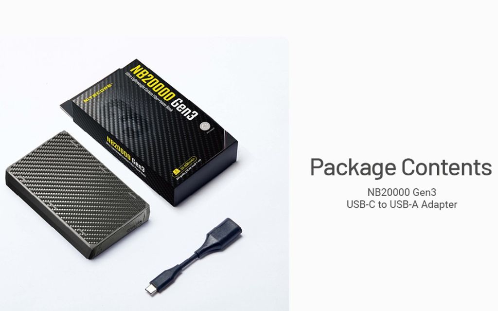 Nitecore NB20000 Gen3 Powerbank 20000mAh, 3A – 2 USB-C-porttia sekä 1 USB-C–USB-A-sovitin