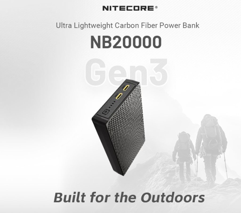 Nitecore NB20000 Gen3 Powerbank 20000mAh, 3A – 2 USB-C-porttia sekä 1 USB-C–USB-A-sovitin