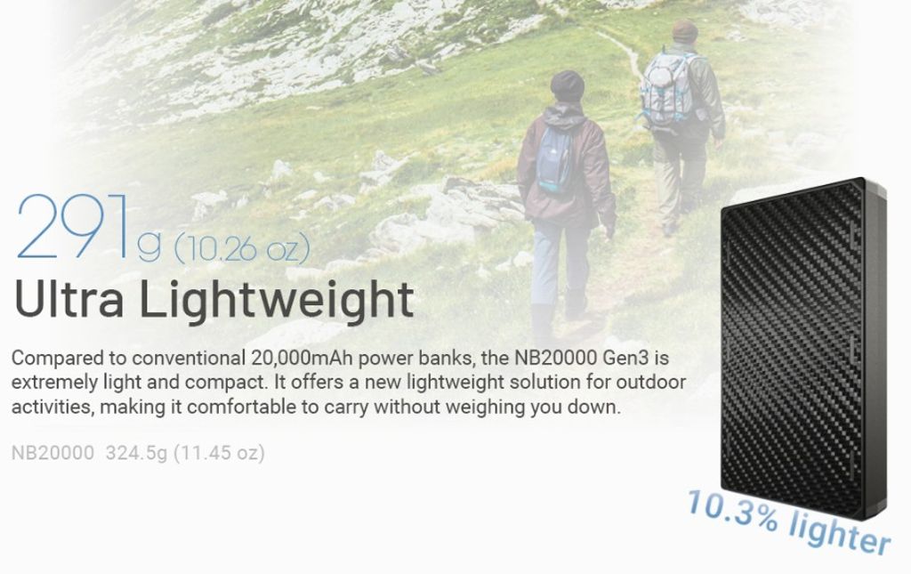 Nitecore NB20000 Gen3 Powerbank 20000mAh, 3A – 2 USB-C-porttia sekä 1 USB-C–USB-A-sovitin