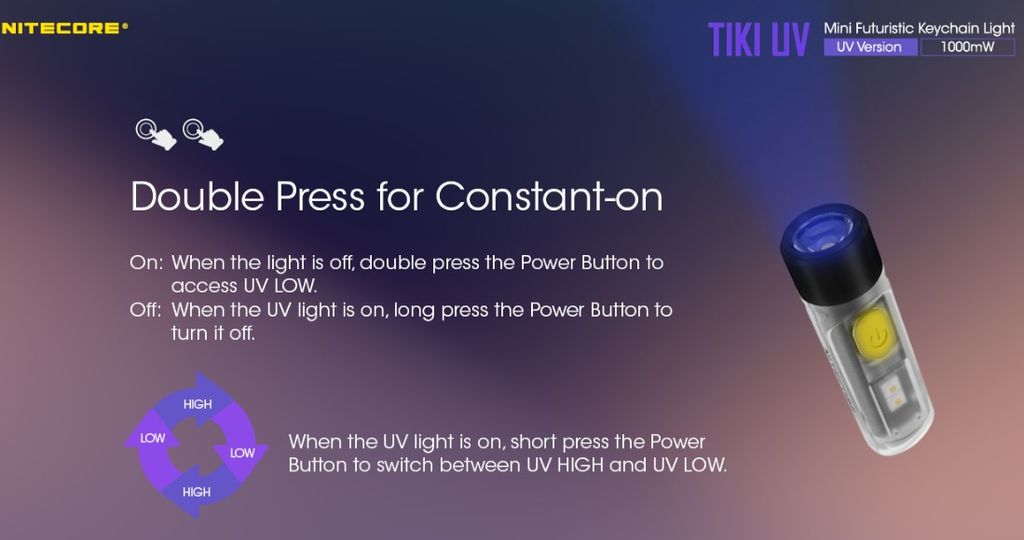 Nitecore TIKI UV Nyckelringsficklampa LED 70lm - Laddningsbar med USB-C