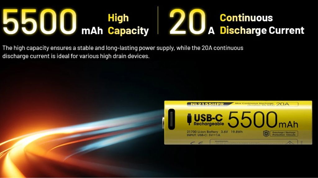 Nitecore NL2155HPR Li-ion 5500mAh 3.6V genopladeligt 21700 batteri med USB-C