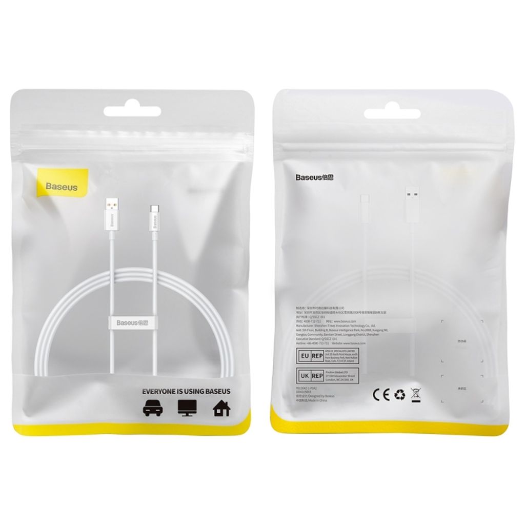 Baseus USB-A–USB-C Pikalatauskaapeli 100 W, 1 m - valkoinen