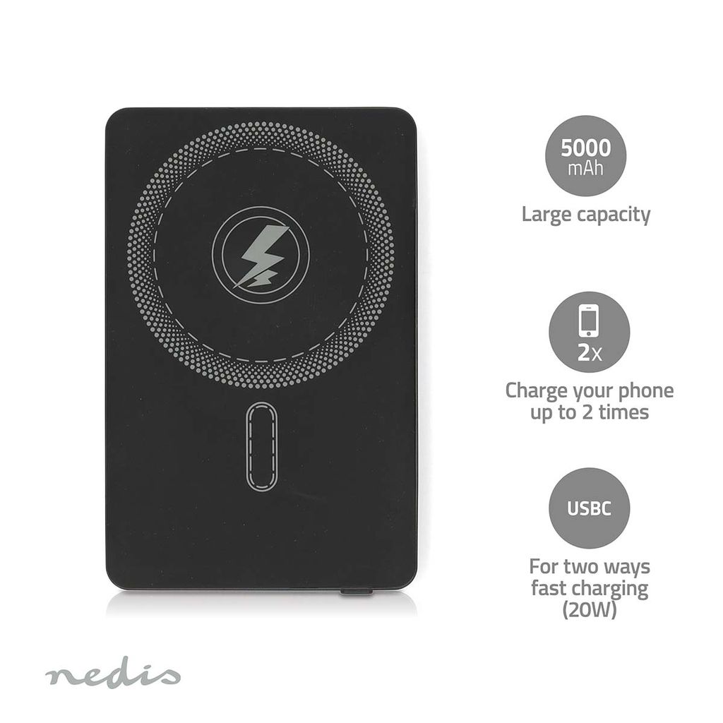 Nedis trådløs magnetisk powerbank 5000 mAh, 20W - svart