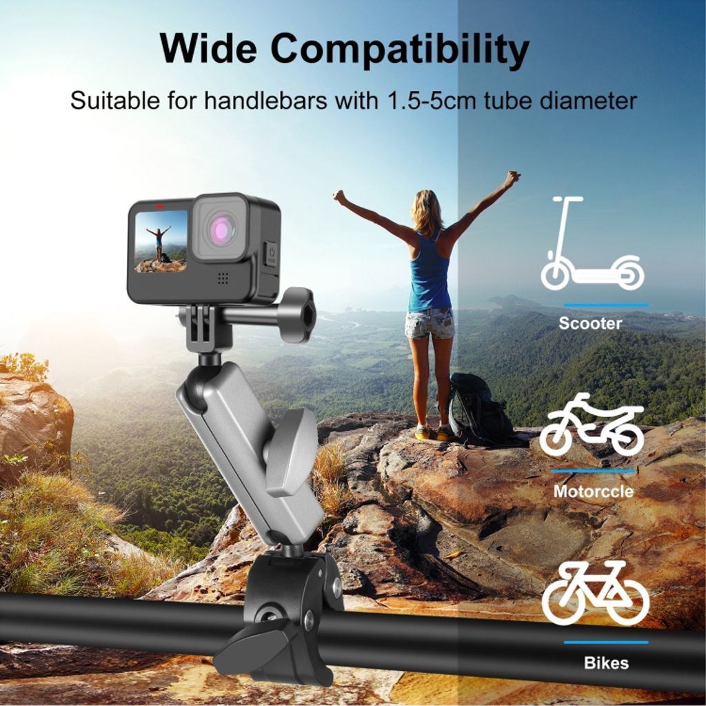 PULUZ Motorcykelarmbeslag med adapter og lang skrue – sort