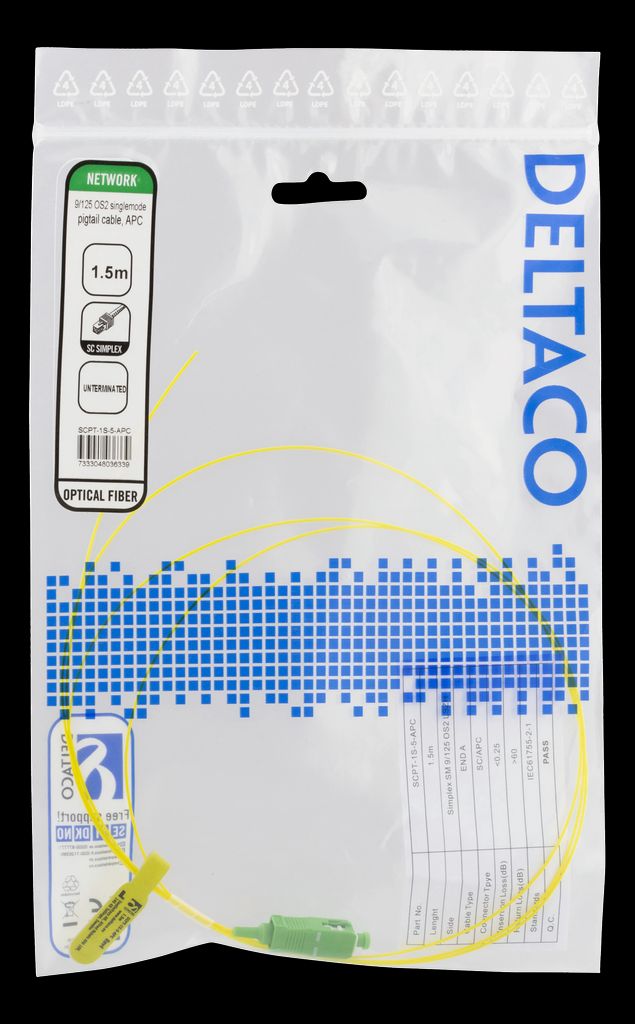 OS2 fiber pigtail SC simplex APC 1,5m gul