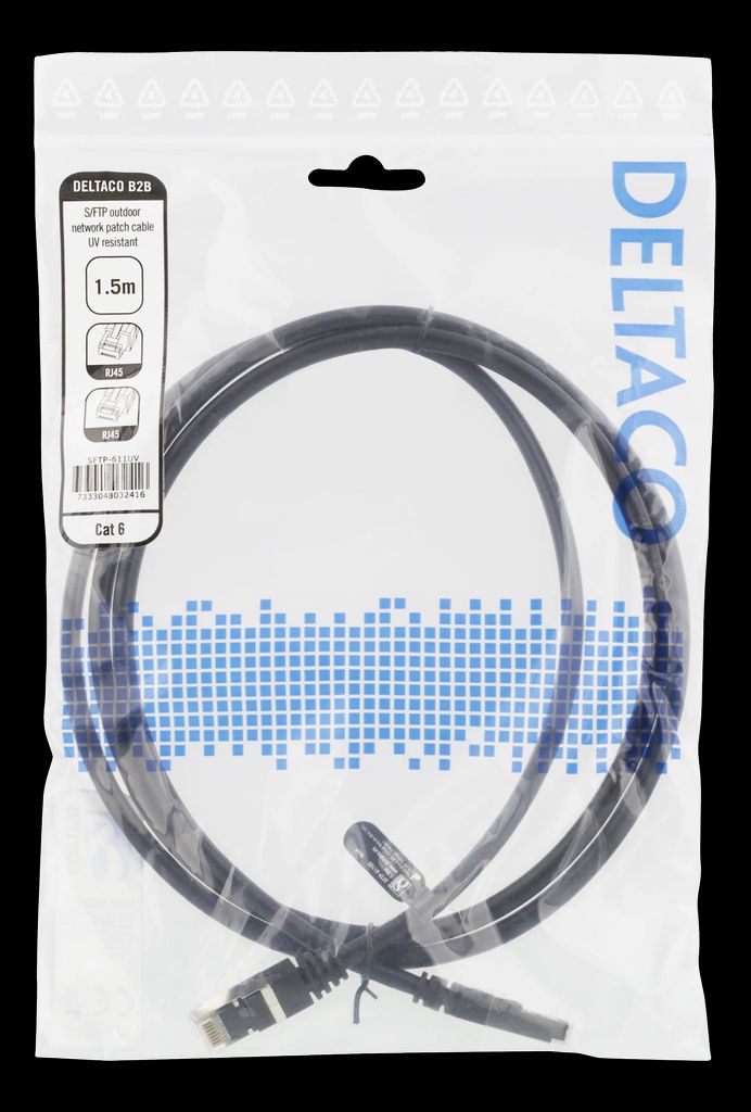 S/FTP Cat6 patchkabel 1,5m 250MHz UV-resistent svart
