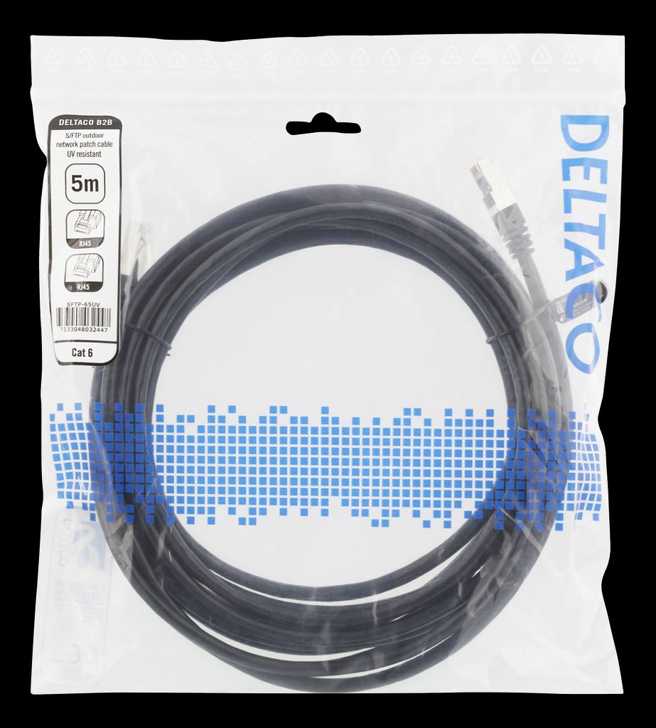 S/FTP Cat6 patchkabel 5m svart, 250MHz, UV-bestandig