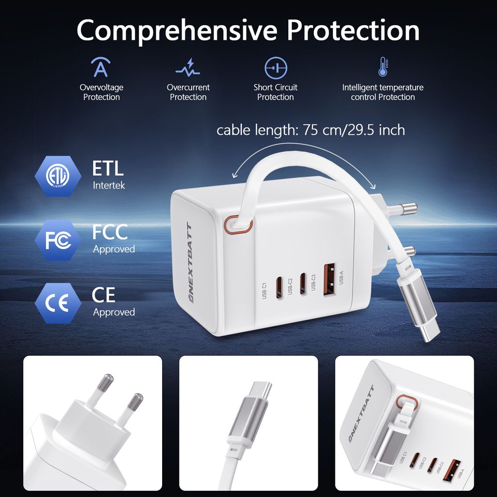 Kraftig 100W USB-C oplader med forlængerkabel til Macbook, ASUS, HP osv. - Hvid