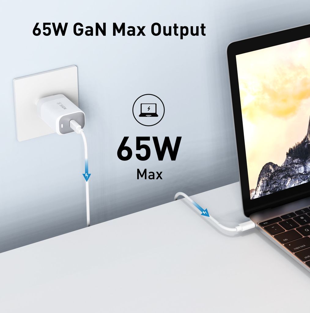 Kraftfull Snabbladdare 65W till Laptop med USB-C kabel 100W, 2m - Vit