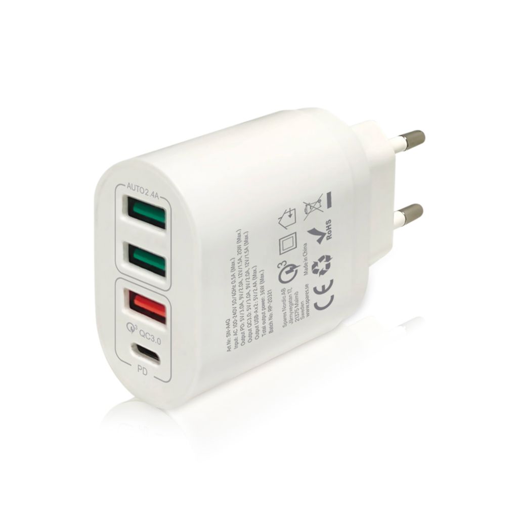 SiGN Snabbladdare USB-C & 3xUSB-A, PD & Q.C 3.0, 36W - Vit
