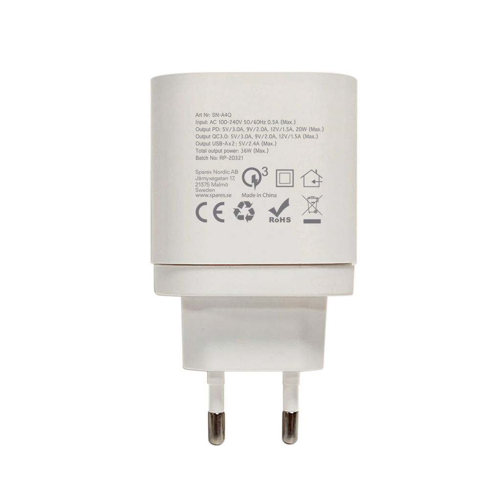 SiGN Snabbladdare USB-C & 3xUSB-A, PD & Q.C 3.0, 36W - Vit