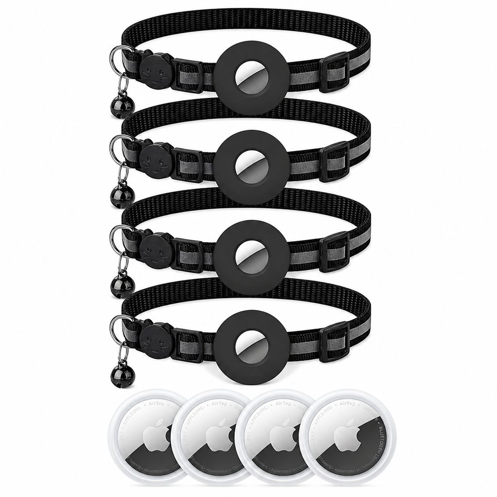 Apple Airtag Gen 1 + AirTag-panta kissoille ja pienille koirille, 4 kpl - musta