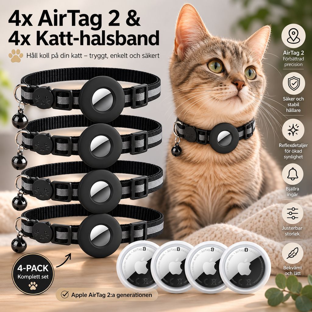 Apple Airtag 2. sukupolvi + AirTag-panta kissoille ja pienille koirille, 4 kpl - musta