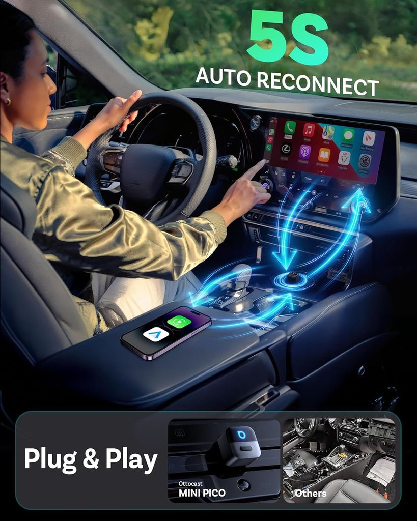 Ottocast Mini Pico 2026 – Trådløs CarPlay og Android Auto-adapter – Svart