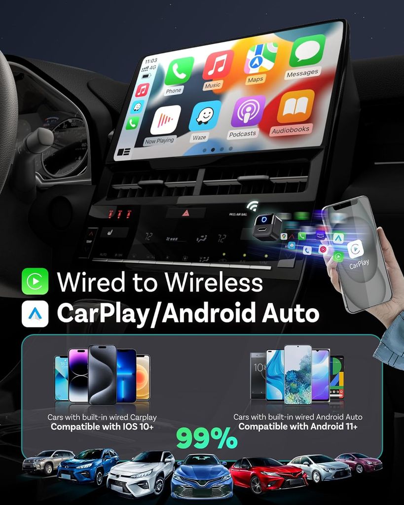 Ottocast Mini Pico 2026 – Trådløs CarPlay og Android Auto-adapter – Svart