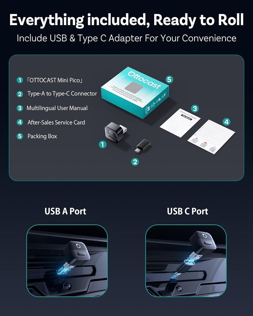 Ottocast Mini Pico 2026 – Trådløs CarPlay og Android Auto-adapter – Svart