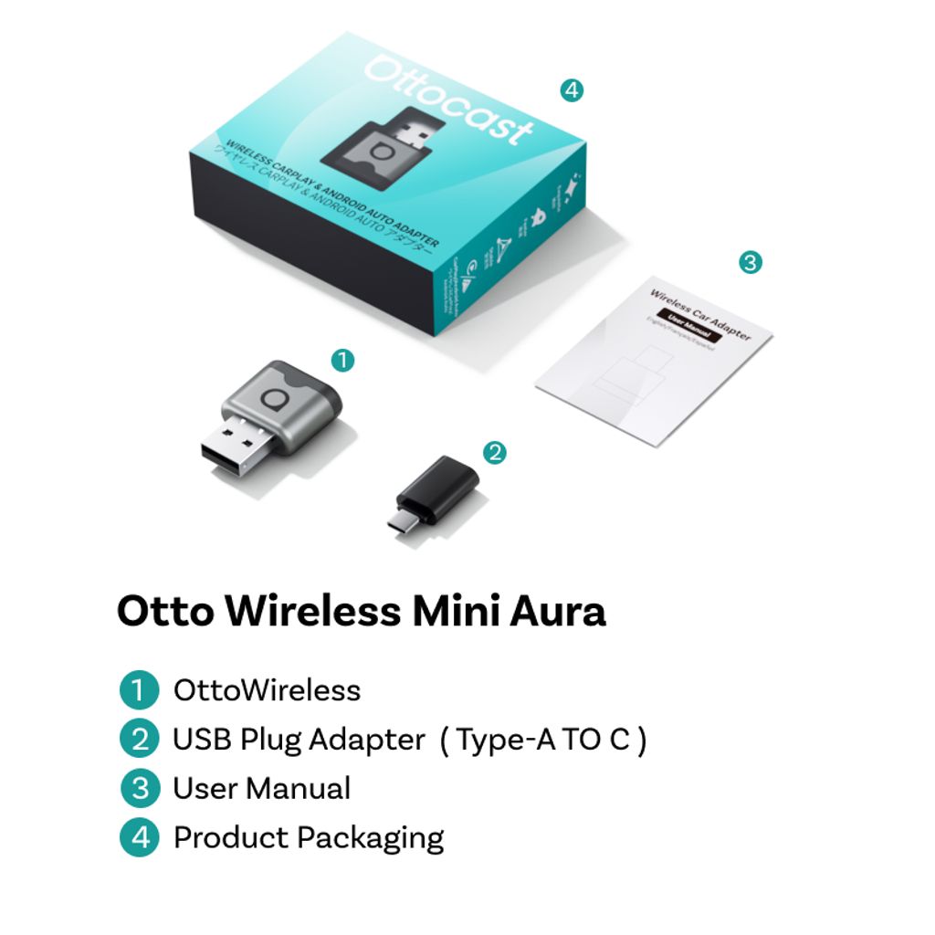 Ottocast Mini Aura 2026 trådlös CarPlay / Android Auto adapter - Silver