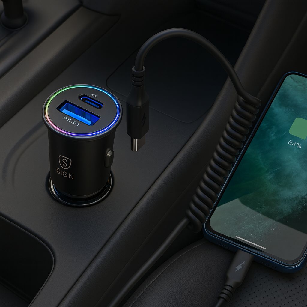 SiGN 60W Billaddare med Upprullad USB-C till USB-C-kabel – Svart