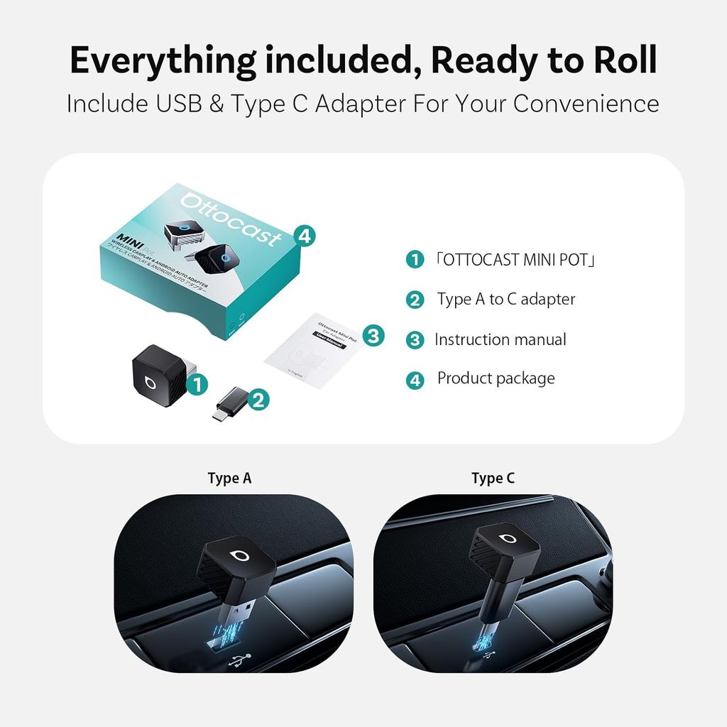 Ottocast Mini Cube trådløs CarPlay / Android Auto-adapter - Svart