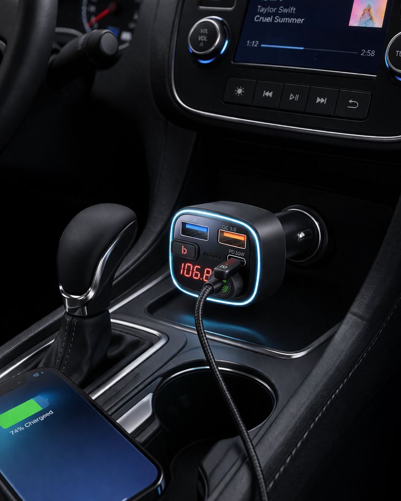 SiGN FM-lähetin ja autolaturi 48W, 2x USB-A/1x USB-C 30W PD