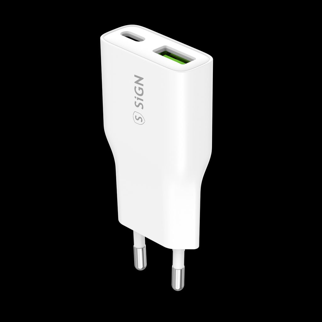 SiGN GaN Pikalaturi USB-A ja USB-C, PD ja QC3.0, 3A, 20W – Valkoinen