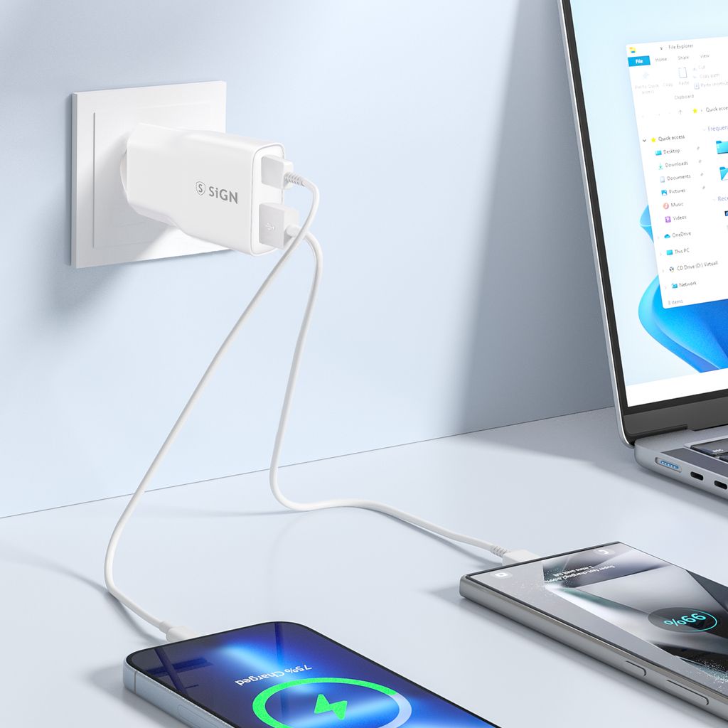 SiGN GaN Pikalaturi USB-A ja USB-C, PD ja QC3.0, 3A, 20W – Valkoinen