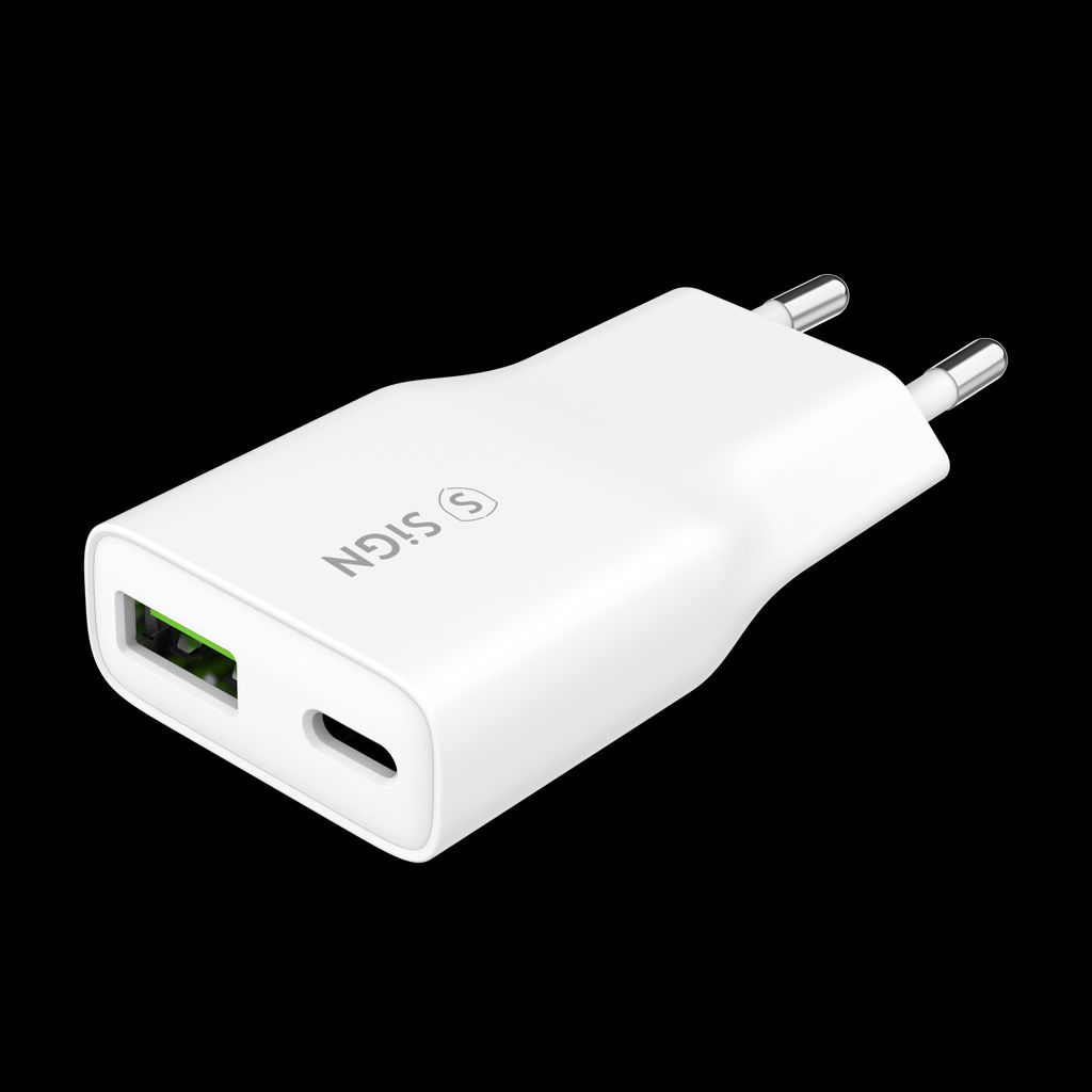 SiGN GaN Pikalaturi USB-A ja USB-C, PD ja QC3.0, 3A, 20W – Valkoinen